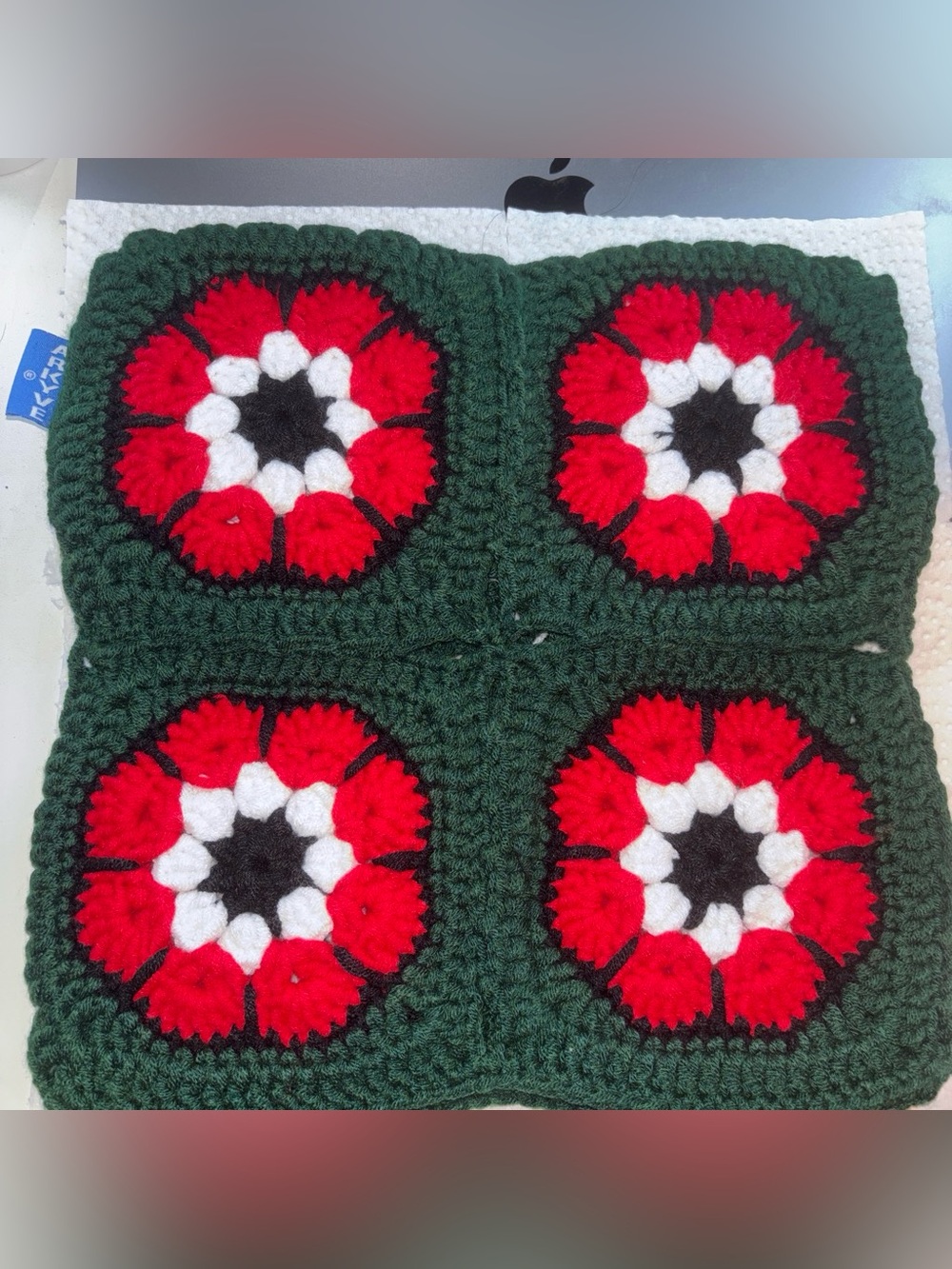 Arkyve Crochet Granny Square Cushion Cover - Red White Black on Green